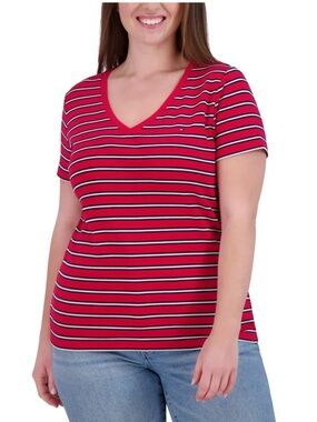 NWT Tommy Hilfiger Red Striped V-Neck Short Sleeve Tee- Small